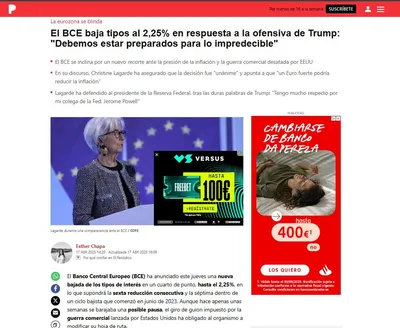 El BCE baja tipos al 2,25% en respuesta a la ofensiva de Trump: "Debemos estar preparados para lo impredecible"
